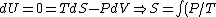 dU = 0 = T dS - P dV \Rightarrow S = \int (P/T) dV